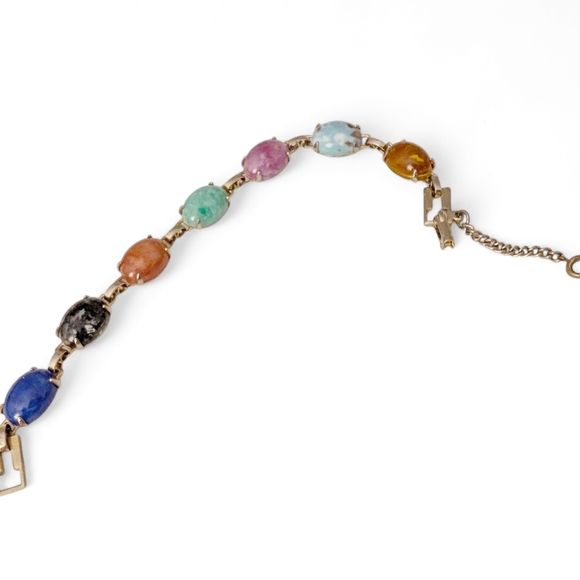 VINTAGE Lucite Multi-Stone Bracelet Link Gold-Plated 1960 Retro Pink Aqua Blue - Picture 10 of 12
